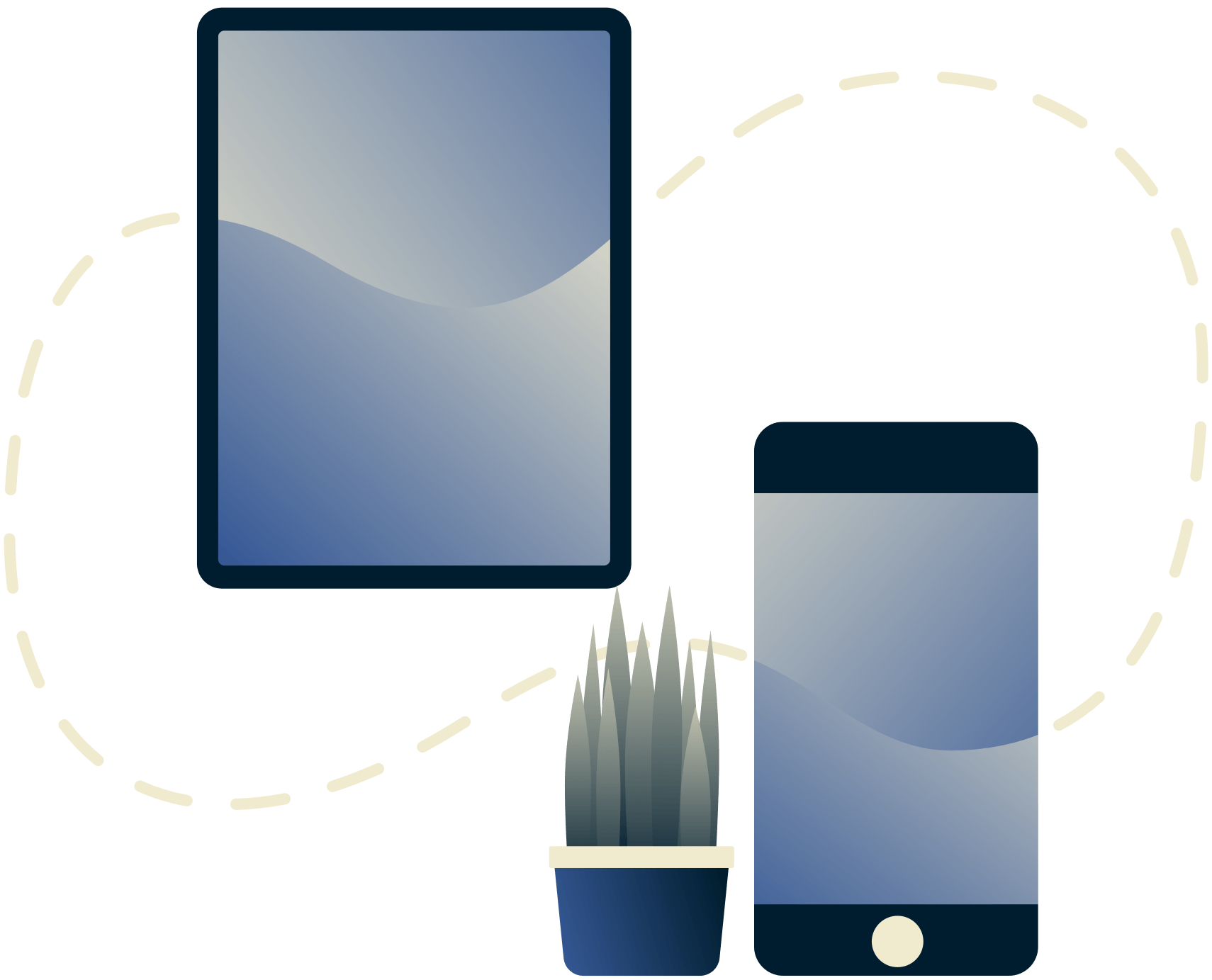 Um tablet e um dispositivo m&oacute;vel conectado com uma linha tracejada.