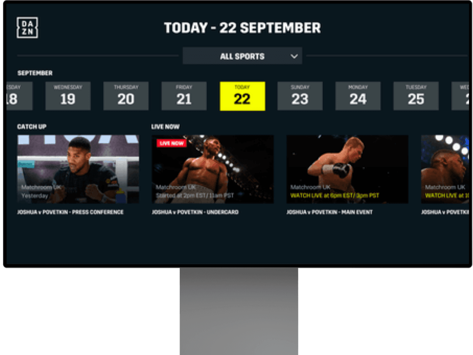 DAZN tietokoneen n&auml;yt&ouml;ll&auml;.
