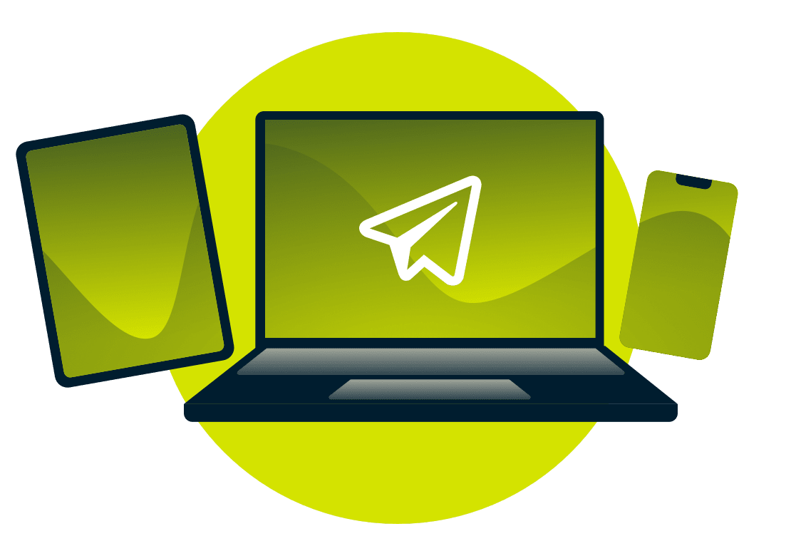 Telegram-logo p&aring; en b&aelig;rbar PC, telefon og nettbrett.