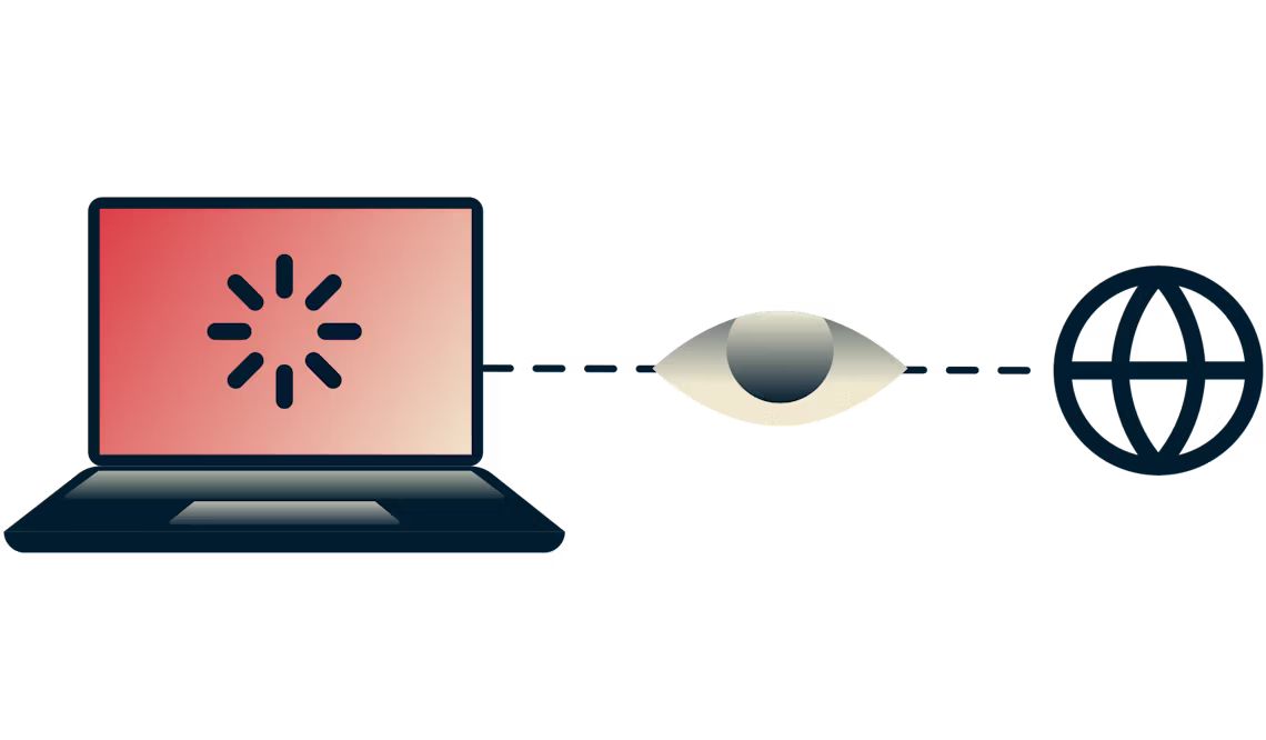 Un ordinateur portable connecté à Internet avec un œil surveillant la connexion.