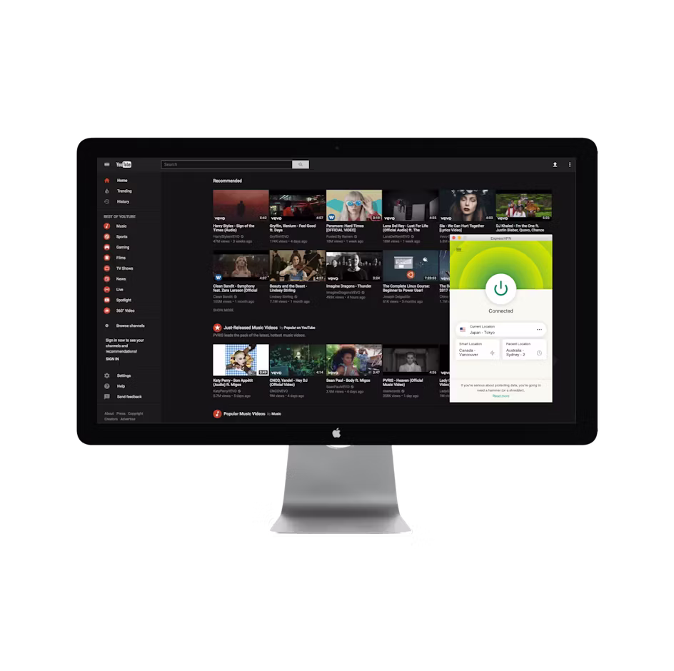 UI do YouTube com VPN.